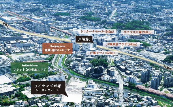 Local neighborhood as seen from the sky  ※ Aerial photographs (May 2012 shooting) actual and somewhat different in that has been subjected to some CG processing to.  ※ Commerce ・ Crowded area, For a flat residential area, Thing was fractionated by use district.