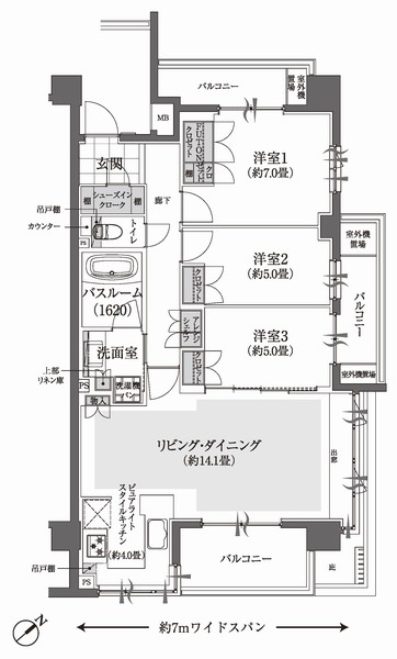 I type floor plan 3LDK + SIC (shoes in cloak) footprint / 80.50 sq m  Balcony area / 14.16 sq m