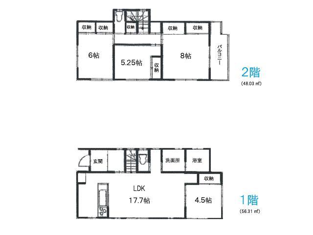 Building plan example (floor plan). Building plan example (6 Building) 4LDK, Land price 20.8 million yen, Land area 153.73 sq m , Building price 31,800,000 yen, Building area 104.34 sq m
