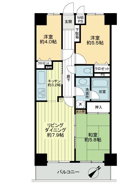 Floor plan. 3LDK, Price 18,800,000 yen, Footprint 61.6 sq m , Balcony area 7.98 sq m