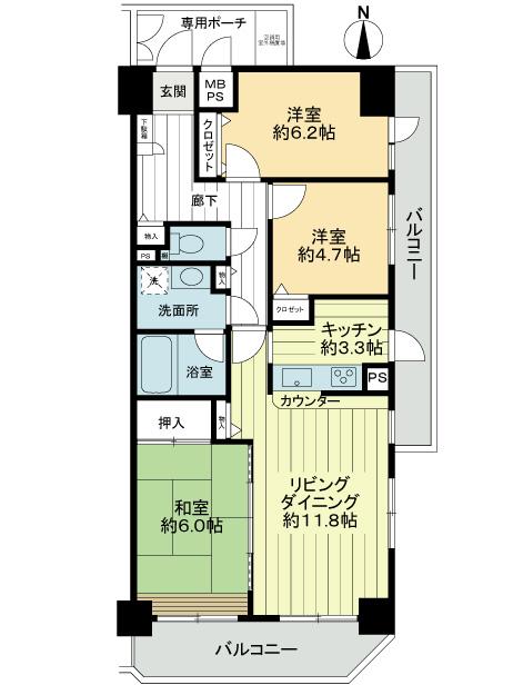 Floor plan. 3LDK, Price 18,800,000 yen, Footprint 76.2 sq m , Per balcony area 16.44 sq m southeast corner dwelling unit, There is the opening to all the room!