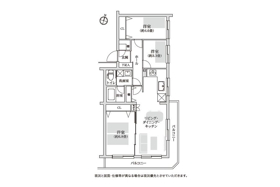 Floor plan. 3LDK, Price 18 million yen, Occupied area 63.53 sq m , Balcony area 11.88 sq m