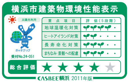 Building structure.  [Yokohama City buildings environmental performance] Efforts degree to the four priority items on the basis of the efforts of the building environmentally friendly plan that building owners will be submitted to the Yokohama evaluated in five stages (the number of Futaba), It will comprehensively evaluate the environmental performance of buildings in five steps (number of stars).  ※ For more information see "Housing term large Dictionary".