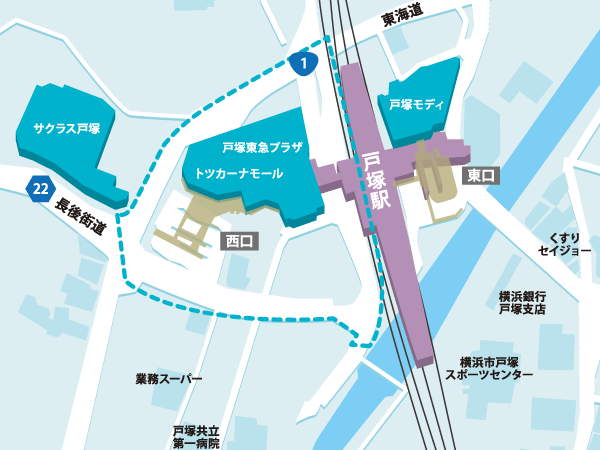 Surrounding environment. By the re-development, The surrounding Totsuka Station "Sakurasu Totsuka", Multiple large-scale commercial facilities, such as "Totu Cana mall" is successively completed. Aiming for completion in FY2013, Town is located transfiguration and while large. (Totsuka Station plan view)