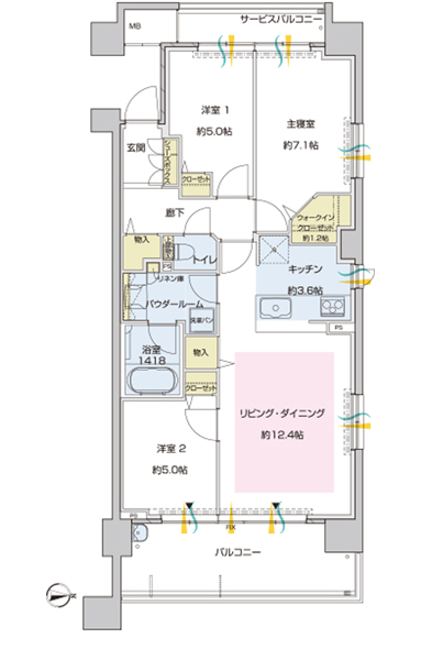 Building structure. G-F type ・ 3LDK + WIC (walk-in closet) footprint / 74.47 sq m  Balcony area / 12.50 sq m service balcony area / 2.40 sq m