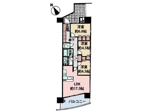 Floor plan. 3LDK, Price 39,900,000 yen, Occupied area 76.88 sq m , Per day per balcony area 13.33 sq m angle dwelling unit ・ Ventilation is good.