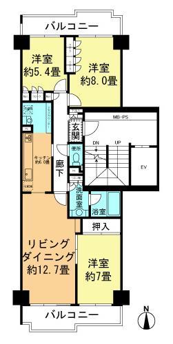 Floor plan. 3LDK, Price 35,800,000 yen, Occupied area 85.44 sq m , Balcony area 15.3 sq m