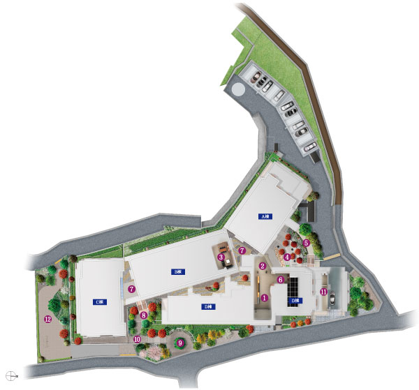 Shared facilities.  [Site placement Rendering] 1 Entrance Hall    7 Patio 2 Central Hall     8 small garden 3 Lounge          9 circular plaza 4 stairs Square         10 Park gate 5 corridor            11 sub entrance (driveway) 6 sitting corner  12 provides park
