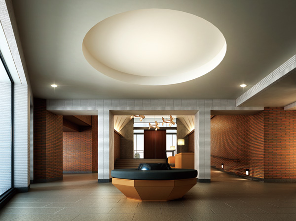 Shared facilities.  [Central Hall Rendering] Central hole formed around a circular bench.