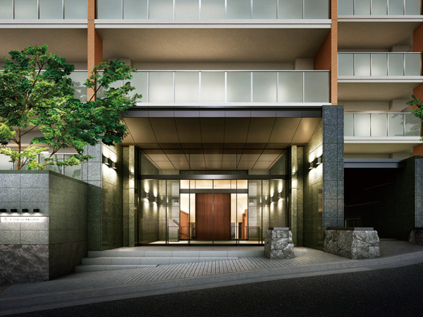 Shared facilities.  [Entrance Rendering] Entrance was nestled in shining in olive green granite. Promenade around the premises is, For example glimpse of the gentle light pours dry landscape of the patio from the sky, Realize the space even enjoy walking. Garden planting of the four seasons is color Ya, It led me gently to the dwelling unit.