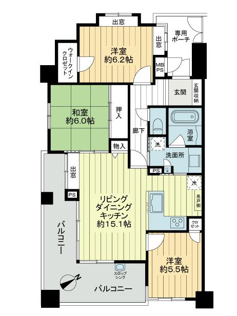 Floor plan. 3LDK, Price 34,800,000 yen, Footprint 75 sq m , Day is good per balcony area 17.76 sq m angle dwelling unit