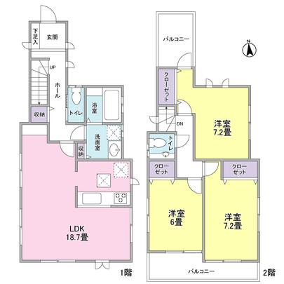 Floor plan. LDK 18.7 tatami. Western-style is there are two 7.2-mat room. 