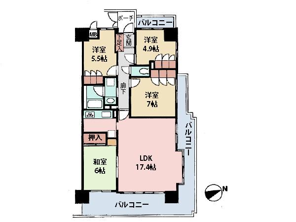 Floor plan. 4LDK, Price 24,900,000 yen, Occupied area 92.28 sq m , This large corner room with a balcony area 29.58 sq m and airy.