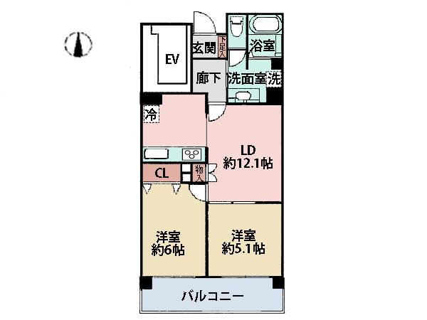 Floor plan. 2LDK, Price 25,900,000 yen, Occupied area 56.09 sq m , Balcony area 9 sq m room there is an entrance hall and kitchen. With convenient storage in the living room!