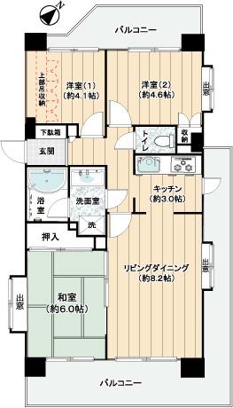 Floor plan. 3LDK, Price 19,800,000 yen, Occupied area 57.54 sq m , Balcony area 22.61 sq m