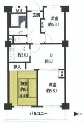 Floor plan. 3LDK, Price 21,800,000 yen, Occupied area 60.84 sq m , Balcony area 6.86 sq m