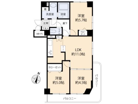 Floor plan. 3LDK, Price 19.9 million yen, Occupied area 59.32 sq m , Balcony area 9.98 sq m floor plan