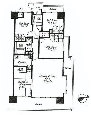 Floor plan. 4LDK, Price 23,980,000 yen, Occupied area 92.28 sq m , Balcony area 29.58 sq m L-shaped balcony is attractive northeast corner room.