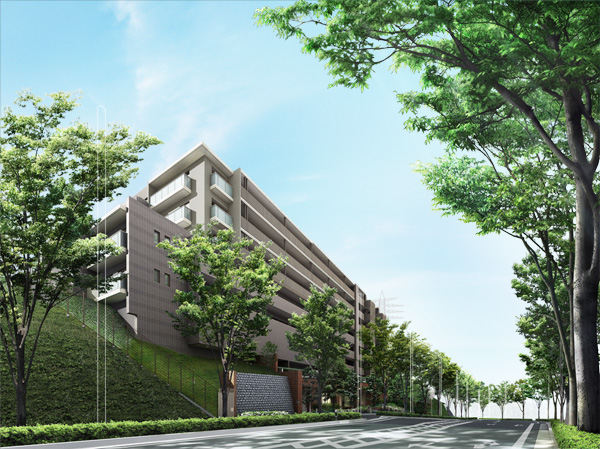 Shared facilities.  [Exterior CG] The upper layer of the appearance, Adopt a vivid color to blend into bright sky. Steeped in heavy tea-colored middle layer, Achieve the appearance that becomes the earth and integrated in harmony with tree-lined. Vestibule ・ Modeling of corridor space is creating a personality to the streets.
