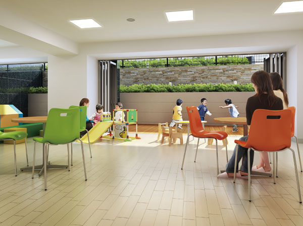 Features of the building.  [Community Room] The East, It becomes a place of petting between resident offers a "community room" in which a "common terrace". Providing a kids corner that can be played with confidence the children even on rainy days, Set up a table and chairs where you can enjoy a conversation with ease while watching the children. Also, Space is possible in a variety of use in parent and child. (Rendering)