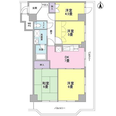 Floor plan. Proprietary area of ​​about 65 sq m , 4DK is the type of floor plan. Per southeast angle room, Sunshine good