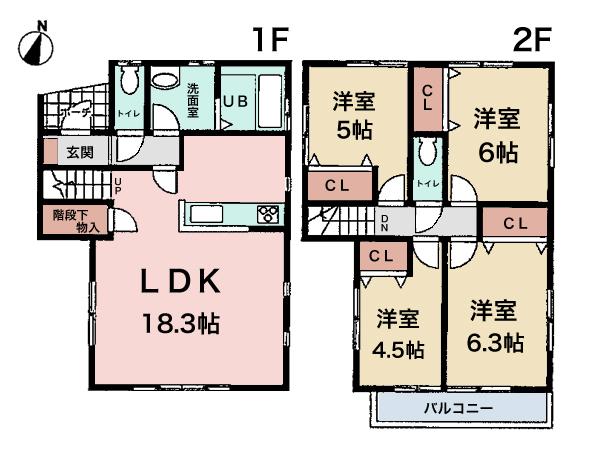 Floor plan. 37,800,000 yen, 4LDK, Land area 100.88 sq m , LDK 18.3 quires plugging building area 93.36 sq m sunlight!