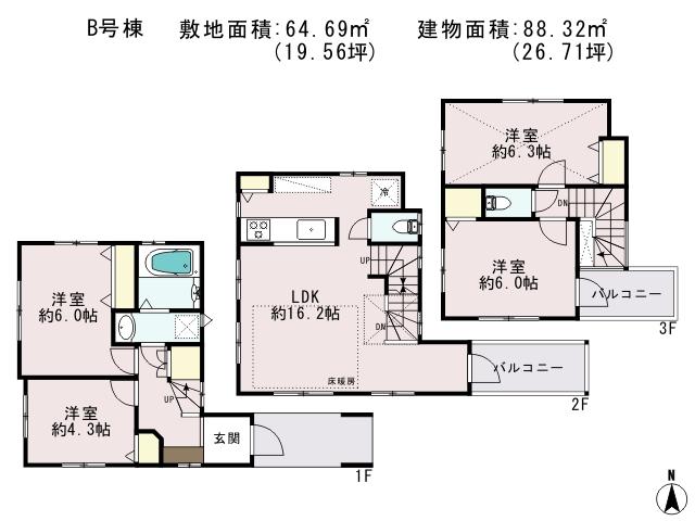 Floor plan. (B Building), Price 29,800,000 yen, 4LDK, Land area 64.69 sq m , Building area 88.32 sq m