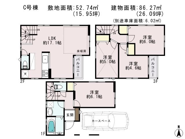 Floor plan. (C Building), Price 31,800,000 yen, 4LDK, Land area 52.74 sq m , Building area 86.27 sq m