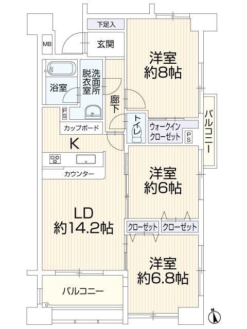 Floor plan. 3LDK, Price 31,800,000 yen, Occupied area 75.18 sq m , Balcony area 5.25 sq m