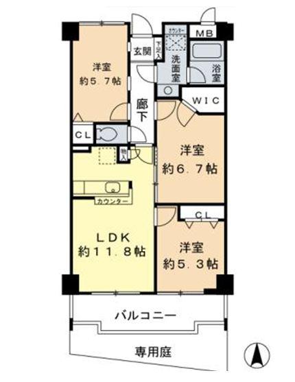 Floor plan. 3LDK, Price 19.9 million yen, Occupied area 65.32 sq m , A balcony area 8.34 sq m private garden 3LDK + WIC