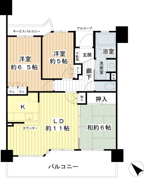 Floor plan. 3LDK, Price 34,800,000 yen, Occupied area 68.16 sq m , Balcony area 14.97 sq m