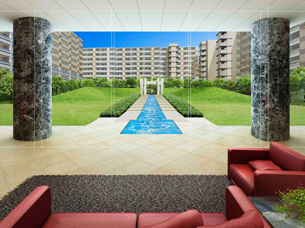 Shared facilities.  [Aqua patio moisten the five senses to pleasant babbling] Flow along with the pleasant murmur from the hill to the entrance building, Aqua patio moisten the senses of the people live. The beautiful scenery of the only family that green and water produce, It will be a luxury of only those who live. (Rendering)