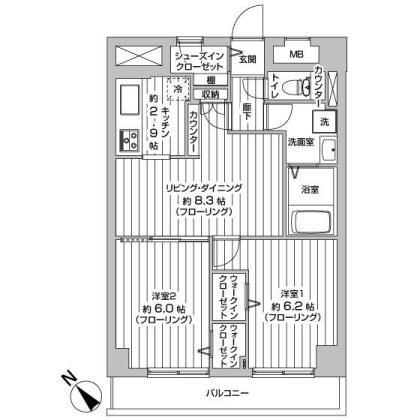 Floor plan. 2LDK, Price 18,800,000 yen, Occupied area 56.25 sq m , Balcony area 6.25 sq m