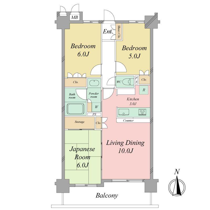 Floor plan. 3LDK, Price 33,800,000 yen, Occupied area 64.98 sq m , Balcony area 9.36 sq m