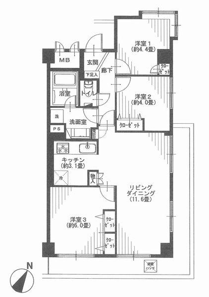 Floor plan. 3LDK, Price 29,900,000 yen, Occupied area 63.64 sq m , Balcony area 63.64 sq m