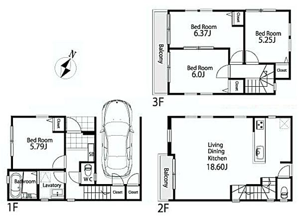 Floor plan. (B Building), Price 42,800,000 yen, 4LDK, Land area 65.73 sq m , Building area 108.26 sq m