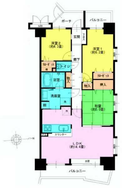 Floor plan. 3LDK, Price 36,900,000 yen, Occupied area 68.97 sq m , Balcony area 12.29 sq m