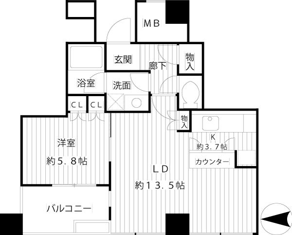 Floor plan. 1LDK, Price 47,800,000 yen, Occupied area 51.61 sq m , Balcony area 6.49 sq m