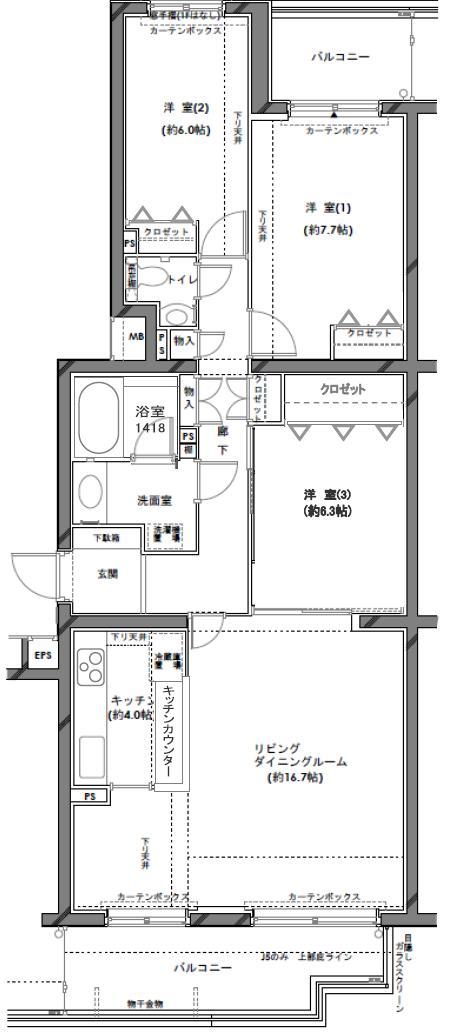 Floor plan. 3LDK, Price 34,480,000 yen, Occupied area 91.75 sq m , Balcony area 14.85 sq m