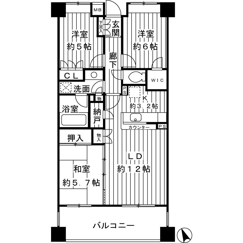 Floor plan. 3LDK, Price 34,900,000 yen, Occupied area 71.09 sq m , Balcony area 12.5 sq m