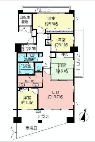 Floor plan. 4LDK, Price 30,800,000 yen, Occupied area 95.28 sq m , Balcony area 13.5 sq m private garden ・ Corner room is good per sun with a terrace.