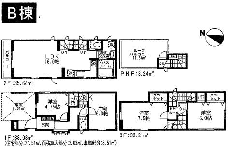 Floor plan. (B section), Price 36,900,000 yen, 4LDK, Land area 60.28 sq m , Building area 110.17 sq m