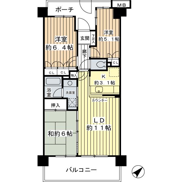 Floor plan. 3LDK, Price 36.5 million yen, Occupied area 65.73 sq m , Balcony area 6.73 sq m
