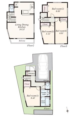 No.18 between the floor plan (4LDK + car space Site area 57.08 sq m  Building area 100.92 sq m  / Garage portion including 8.07 sq m)
