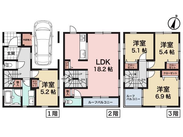 Floor plan. (A Building), Price 34,800,000 yen, 4LDK, Land area 90.46 sq m , Building area 98.32 sq m