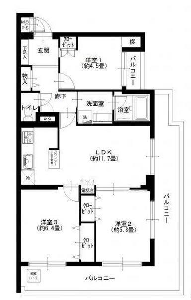 Floor plan. 3LDK, Price 22,900,000 yen, Occupied area 63.04 sq m , Balcony area 20.43 sq m