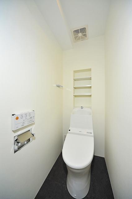 Toilet. Toilet with warm water washing toilet seat. Convenient storage shelf was also nestled. (2013 September shooting)