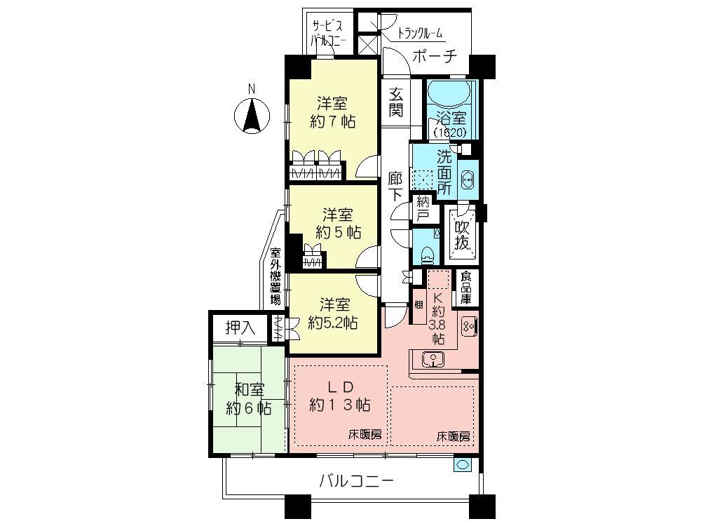 Floor plan. 4LDK, Price 54,800,000 yen, Occupied area 91.62 sq m , Southwest angle dwelling units of the balcony area 15.2 sq m 4LDK (most wide type in the apartment). A pantry kitchen is also attractive.