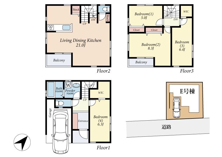 Floor plan. (E Building), Price 42,800,000 yen, 4LDK, Land area 72.16 sq m , Building area 121.72 sq m