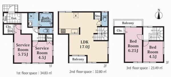 Floor plan. (Building 2), Price 35,800,000 yen, 2LDK+2S, Land area 79.41 sq m , Building area 91.12 sq m